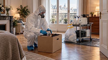 Technicien en équipement de protection appliquant un protocole sanitaire strict après un décès dans un appartement à Paris