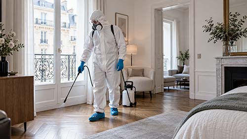 Technicien Sérélia équipé d’EPI lors d’un nettoyage après décès dans un appartement à Paris